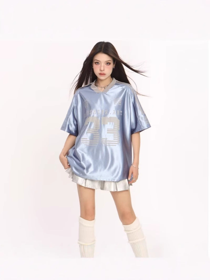 Retro V-neck Splicing Letter Print Short-sleeve