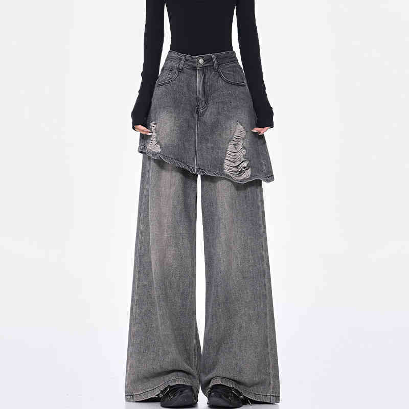 Vintage Blue Washed Fake Two-piece Jeans For Women Ripped Straight Pants