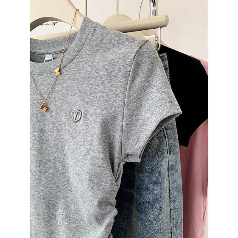 Short Sleeve T-shirt Female Gray Love Embroidery