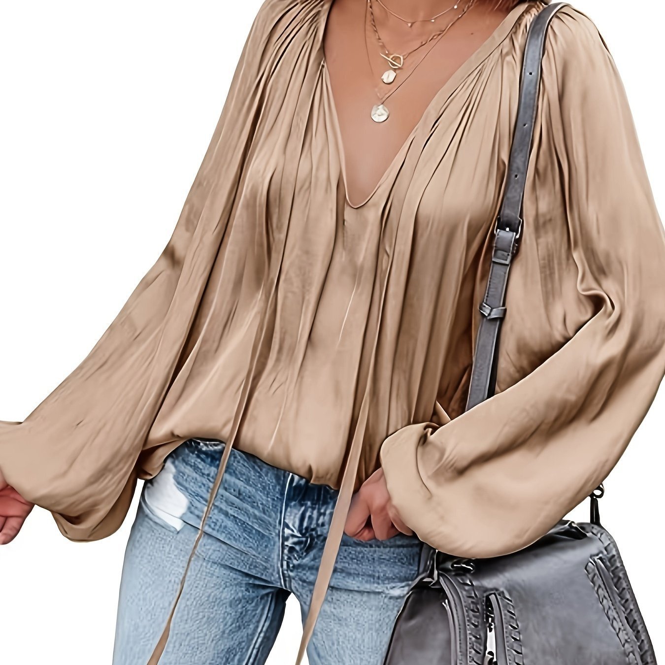 Women's Satin V-neck Long Sleeve Shirt Casual