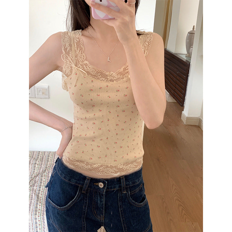 Sweet And Spicy Lace Stitching Floral Slim-fitting Suspenders Vest