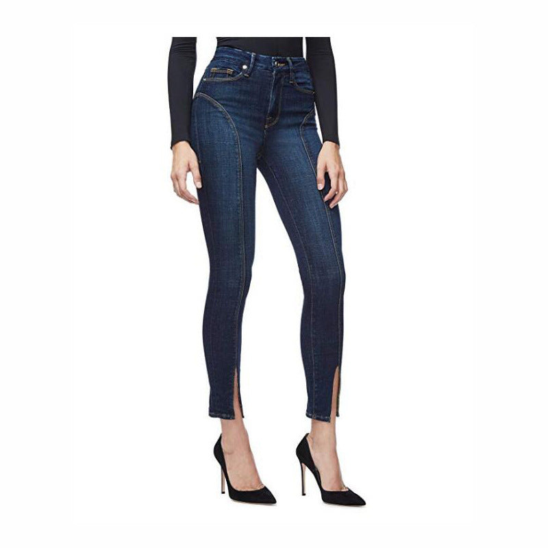 Women's Small-foot Slit Jeans European And American Stretch Slim Nine Points