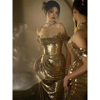 Women's Gold Off shoulder Bridal Fishtail Dress