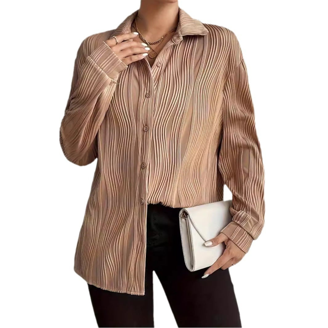 Fashionable Women's Plus Size Shirt With Fold-down Collar And Button Texture