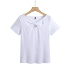 Women's Korean-style Slim-fit Cotton Short-sleeved Hollow-out Chest Bow