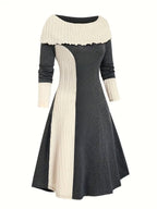 Elegant Scoop Cuffed Long Sleeve Knitted Color-matching Dress
