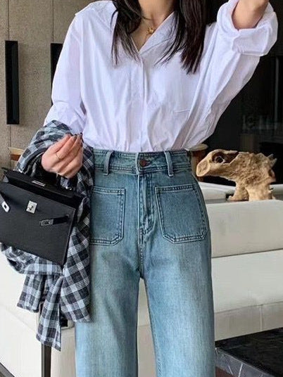 Light Blue Wide-leg Jeans For Women High Waist Loose Slimming Petite Nine-point Straight