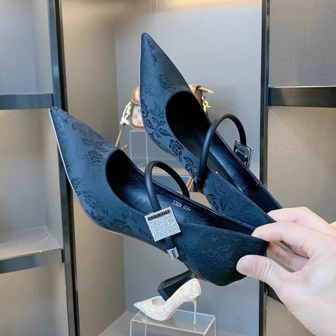 Pointed Toe Chinese Style Embroidery Low-cut High Heels Women's Stiletto Heel