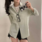 French Classic Striped Pleated Loose Pockets Long Sleeve All-matching Shirt