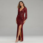 Fantasy Celebrity Sexy High Slit Long Sleeve Sequined Banquet Evening Dress Women