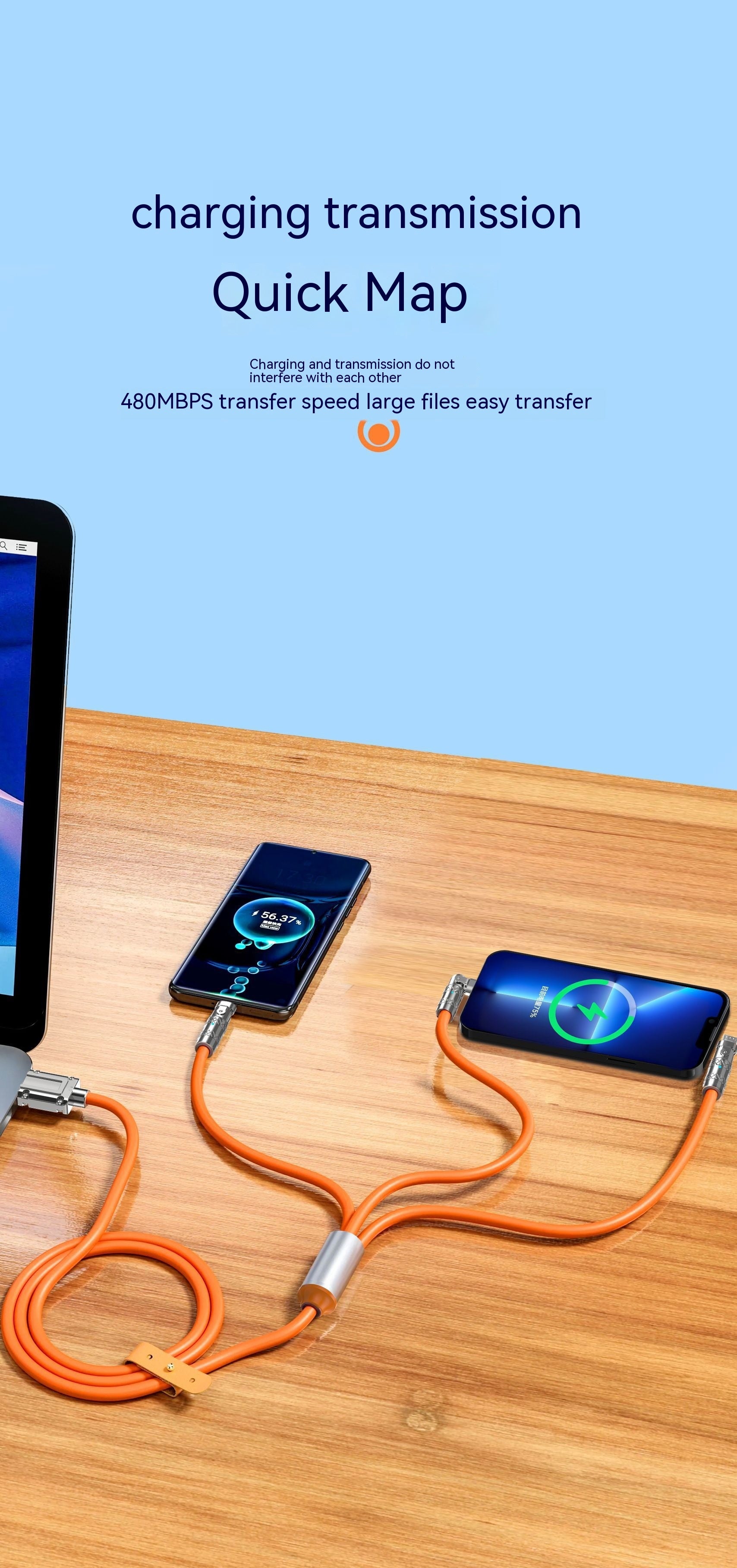 120W One-to-three Elbow Fast Charging Zinc Alloy Charging Cable 180 Degree Rotation