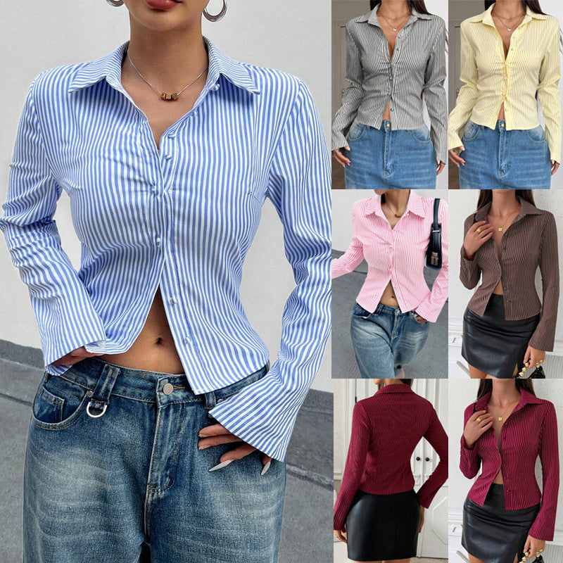 Fashion Casual All-match V-neck Striped Long Sleeve Shirt Top